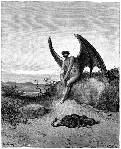 Lucifer (Satanás, ángel dechu, caído del cielo en la Tierra) se encuentra con la serpiente. Ilustración de Gustave Dore para "El paraíso perdido" de John Milton (1608-1674). Grabado de 1866. Colección privada de Gustave Dore