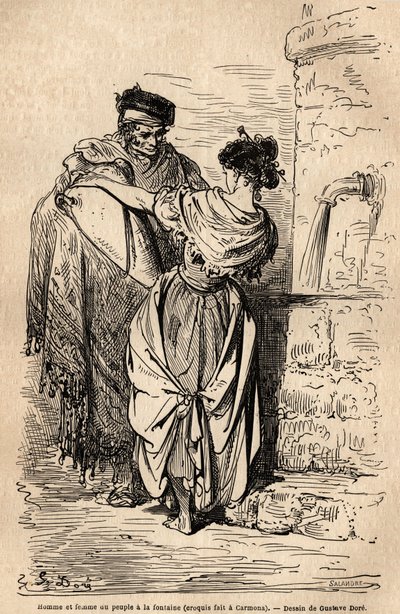 Hombre y mujer del pueblo en la fuente, en Carmona, pueblo cerca de Sevilla. Boceto tomado en vivo por Gustave Dore (1832-1883). Grabado para ilustrar el viaje en España, en 1862 por Charles Davillier y Gustave Dore, en “Le tour du monde, nouveau de Gustave Dore