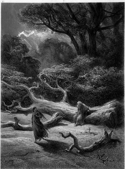 Merlín y Viviane en el Bosque de Broceliande (Ciclo de los caballeros de la Mesa Redonda) - en "Viviane" de Alfred Tennyson, ilustración de G. Doré de Gustave Dore