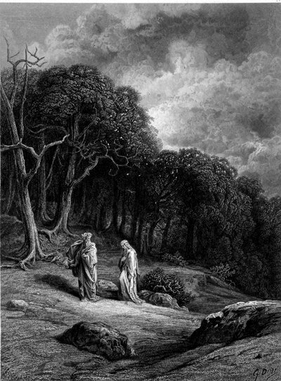 Merlín y Viviane en el Bosque de Brocelianda - en “Viviane” por Alfred Tennyson, ilustración por G. Doré de Gustave Dore
