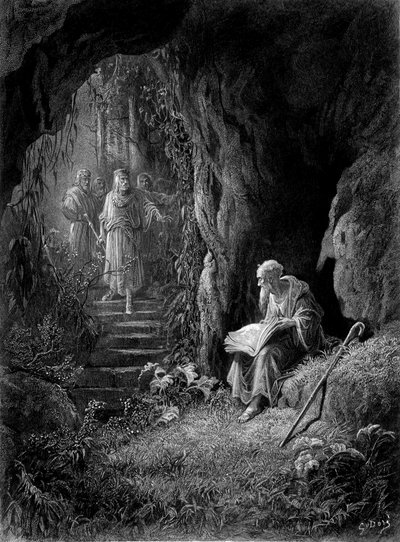 Merlín descubierto por los oficiales del Rey Arturo en el Bosque de Broceliande (Ciclo de los caballeros de la Mesa Redonda) - en 