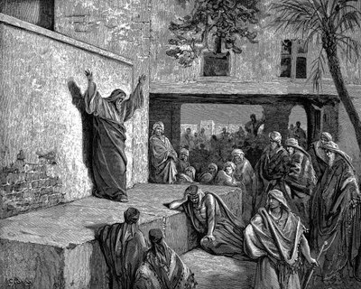 Miqueas el profeta Moreshtita diciendo a los Israelitas Porque, he aquí, el Señor viene ... y descenderá, y hollará los lugares altos de la tierra. Biblia Miqueas I:3. Ilustración de Gustave Dore 1865-1856. Grabado en madera de Gustave Dore