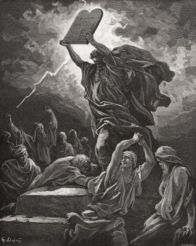 Moisés rompiendo las tablas de la ley, Éxodo 32:19, ilustración de 