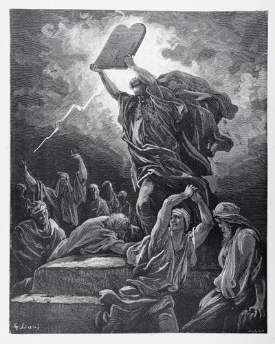 Moisés Rompiendo las Tablas de la Ley, grabado por Hotelin, c.1868 de Gustave Dore
