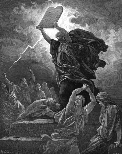 Moisés rompe las tablas de la ley, grabado - Biblia de Gustave Dore