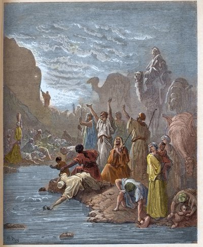 Moisés hace brotar agua de la roca - Moisés hace brotar agua de la roca, en el desierto - Libro del Éxodo (Biblia) - grabado en "La Biblia ilustrada" por Gustave Doré (1832-1883) - Grabado de "La Biblia de Doré" de Gustave Dore