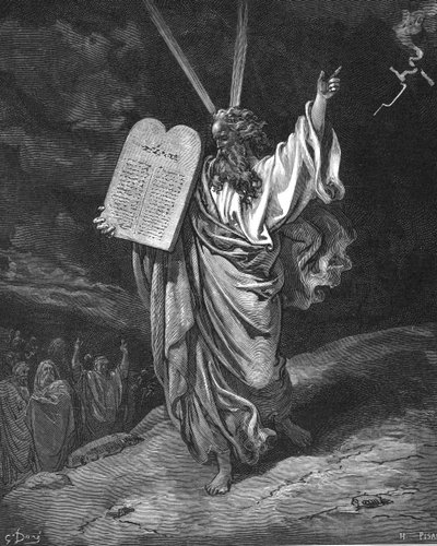Moisés desciende del monte Sinaí con las tablas de la ley (los Diez Mandamientos). Éxodo 5.35. Ilustración de Gustave Dore (1832-1883) para La Biblia (Londres, 1866). Grabado en madera. de Gustave Dore