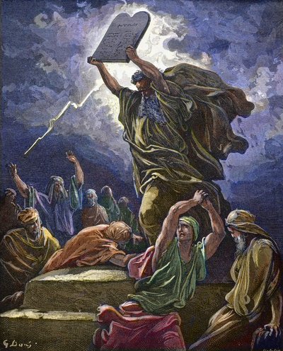 Moisés encuentra al pueblo judío adorando el becerro de oro y rompe las tablas de la ley - Moisés rompiendo las tablas de la ley - Gustave Doré (1832-1883) de Gustave Dore