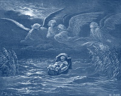 Moisés en el río Nilo, grabado por Doré - Biblia de Gustave Dore