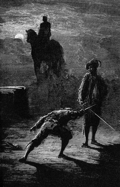 Duelo nocturno a la luz de la luna entre el barón de Sigognac y Jacquemin Lampourde, bajo la estatua ecuestre del Rey de Bronce. Grabado de Gustave Dore que ilustra la novela de Theophile Gautier "El capitán Fracasse". Edición Charpentier 1863. de Gustave Dore