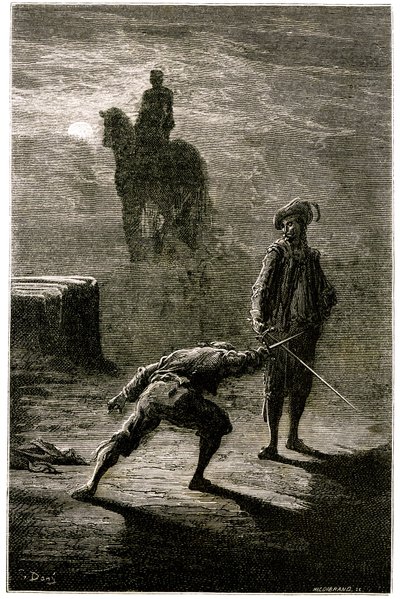 Duelo nocturno a la luz de la luna entre el barón de Sigognac y Jacquemin Lampourde, bajo la estatua ecuestre del Rey de Bronce. Grabado de Gustave Dore que ilustra la novela de Theophile Gautier "Le capitaine Fracasse", edición Charpentier 1863. de Gustave Dore