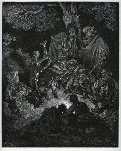 Luz nocturna donde Don Quijote cuenta la historia del mundo a las cabras y a Sancho Panza - de "Don Quijote de la Mancha" de Miguel de Cervantes (1547-1616) - xilografía después de un dibujo de Gustave Doré. de Gustave Dore
