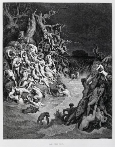Noé y su arca escapan mientras el gran diluvio envuelve la tierra, Ilustración de la Biblia de Dore de Gustave Dore
