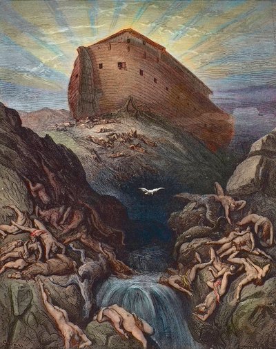 Noé envía una paloma a la tierra - Noé envía la paloma desde el Arca, grabado de Gustave Doré (1832-1883). de Gustave Dore