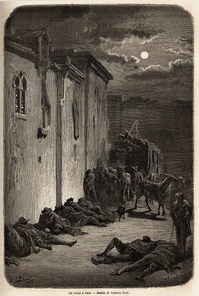 Una noche en un relevo en Jaén. Dibujo de Gustave Doré para ilustrar su viaje a España en 1862, con Ch. Davillier. Grabado en “Le tour du monde”, editado por Edouard Charton de Gustave Dore