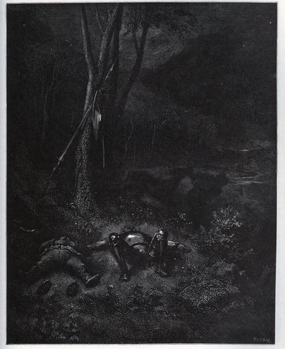 Uno de los fugitivos, Ginés de Pasamonte, roba el burro de Sancho Panza durante el sueño de los dos viajeros - de 