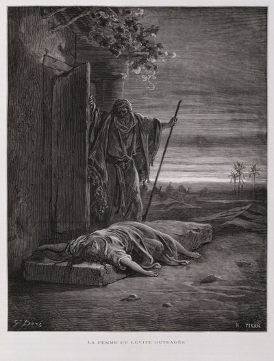 Indignación en Gabaa, el levita se lleva a su concubina muerta, Ilustración de la Biblia de Dore. de Gustave Dore