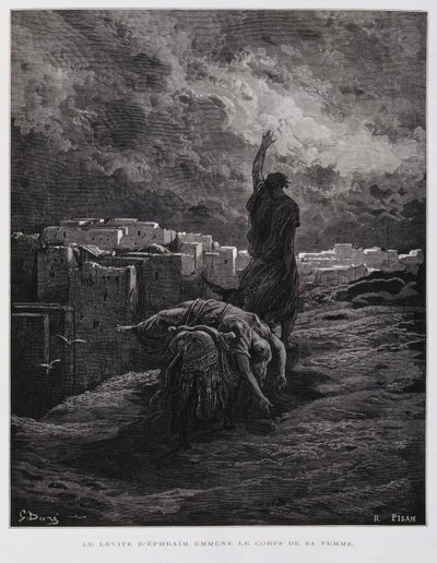 Indignación en Gabaa, el levita se lleva a su concubina muerta, Ilustración de la Biblia de Dore. de Gustave Dore