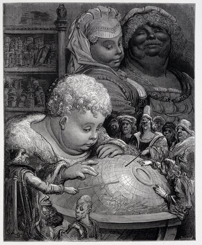 Pantagruel siguiendo un curso de geografía - en "Gargantúa" de Rabelais, ill. Gustave Doré de Gustave Dore