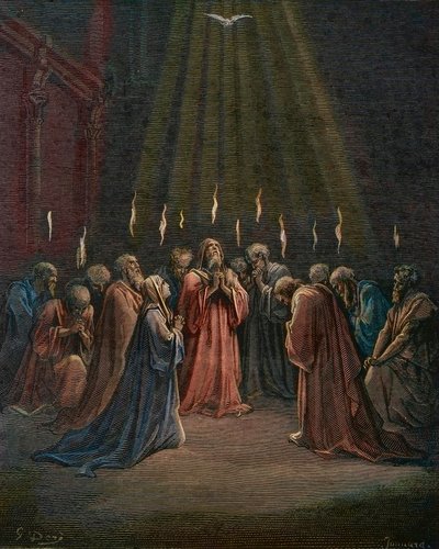 Pentecostés - Pentecostés (venida del Espíritu Santo) - Pentecostés, el descenso del Espíritu Santo, grabado de Gustave Doré (1832-1883) - coloreado posterior. de Gustave Dore
