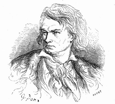 Retrato de Beethoven por Gustave Dore, hacia 1855, para ilustrar un texto de Hippolyte Taine: "-¿Qué es Beethoven "Un pobre gran hombre, sordo, enamorado, desconocido y filósofo, cuya música está llena de sueños gigantescos o dolorosos". de Gustave Dore