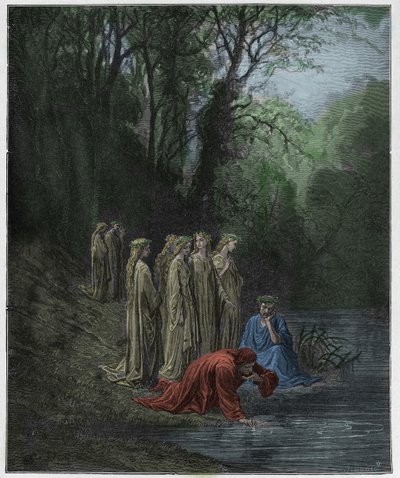 Purgatorio, Canto 33: Dante bebe del río Eunoe, ilustración de "La Divina Comedia" por Dante Alighieri, 1885 de Gustave Dore