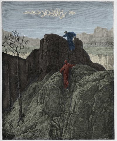 Purgatorio, Canto 4: Virgilio guía a Dante por la escarpada ladera de la montaña, ilustración de "La Divina Comedia" por Dante Alighieri, 1885 de Gustave Dore