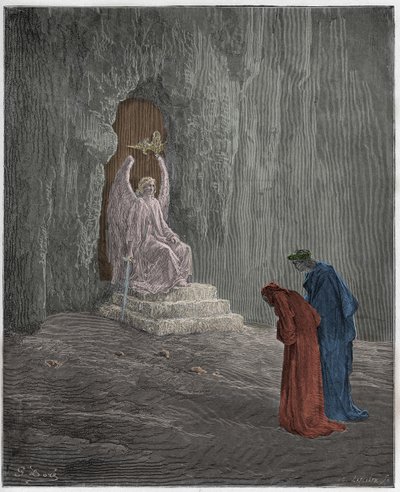 Purgatorio, Canto 9: Dante y Virgilio en los portales del Purgatorio, ilustración de "La Divina Comedia" por Dante Alighieri, 1885 de Gustave Dore