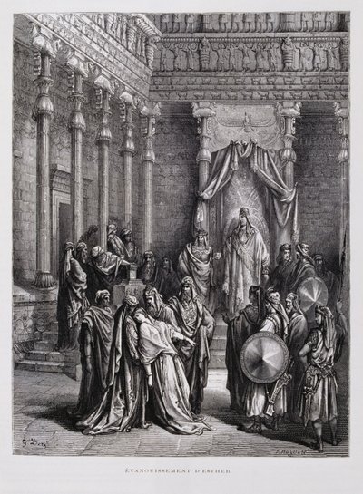 La Reina Esther se desmaya ante el Rey, Ilustración de la Biblia de Dore de Gustave Dore