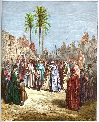 Reconciliación entre Jacob y Esaú - Reconciliación de Jacob y Esaú Génesis, XXXIII, 4 - Grabado de 
