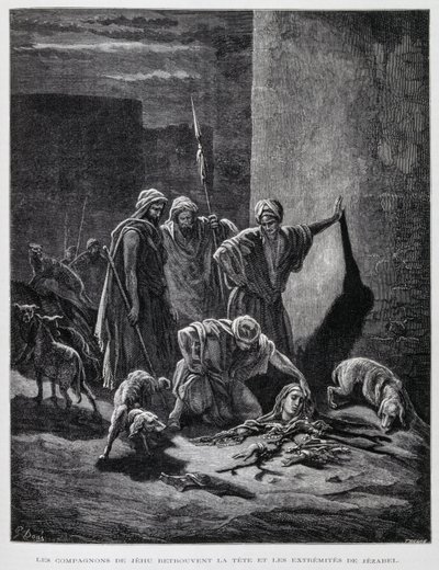 Restos de la reina Jezabel tras ser arrojada por las ventanas del palacio, Ilustración de la Biblia de Dore. de Gustave Dore