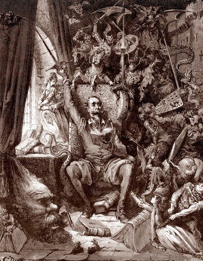 Representación de Don Quijote en su biblioteca rodeado de las criaturas de sus libros Grabado de Gustave Dore (1832-1883) para "L