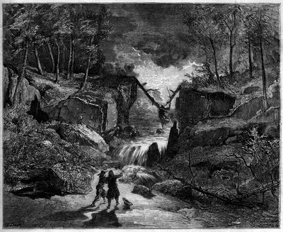 Representación de una ópera: la tumba loca en el torrente - Última escena, acto II de "Pardon de Ploermel", ópera cómica de 1859 con libreto de Michel Carre (1819-1872) y Jules Barbier (1822-1901), y música de Giacomo Meyerbeer (1791-1864) - Teatro de Gustave Dore