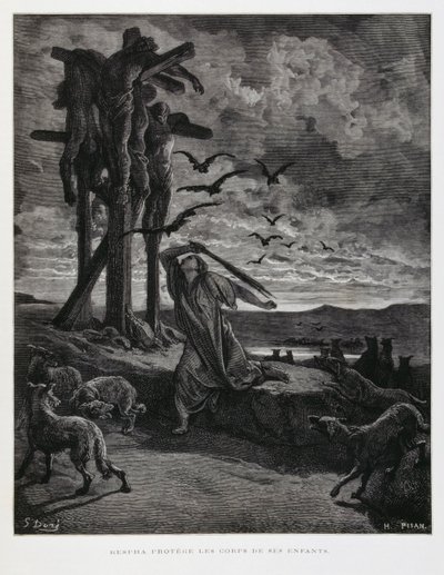 Rizpah impide que las fieras profanen los cuerpos de sus hijos muertos, Ilustración de la Biblia de Dore. de Gustave Dore
