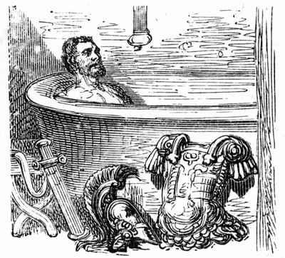 Soldado romano bañándose en las termas de Bagneres de Bigorre: grabado de Gustave Dore que ilustra el libro "Voyage aux Pyrenees" de Hippolyte Taine, Hachette 1860. de Gustave Dore