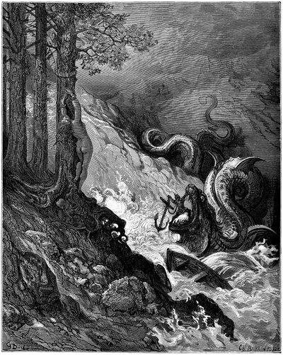 Ruggiero lucha contra el monstruo marino (dragón) que amenaza a Olimpia desnudo atado a un árbol, bloquea sus fauces con un ancla y salva a Olimpia (canto 11 postura 37) - Grabado de Gustave Dore (1832-1883) que ilustra "El Rolando Furioso" (1878) de Ludov de Gustave Dore