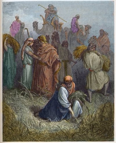 Rut y Booz - Rut trabajando en los campos de Booz - grabado en “La Biblia ilustrada” por Gustave Doré (1832-1883) - Grabado de “La Biblia de Doré” de Gustave Dore