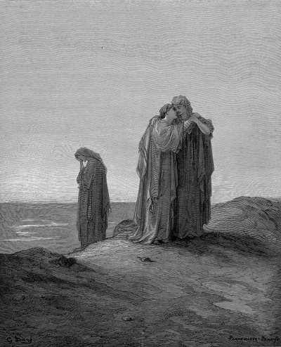 Rut abrazando a su suegra Noemí y prometiendo quedarse con ella ahora que están de luto, 1866 de Gustave Dore