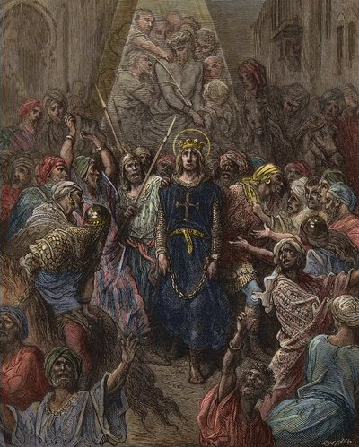 San Luis tomado prisionero en Mansoura, durante la 7ª Cruzada en 1250 - Rey Luis IX prisionero en Egipto - grabado por Gustave Dore - de Historia de las Cruzadas por Joseph-Francois Michaud de Gustave Dore