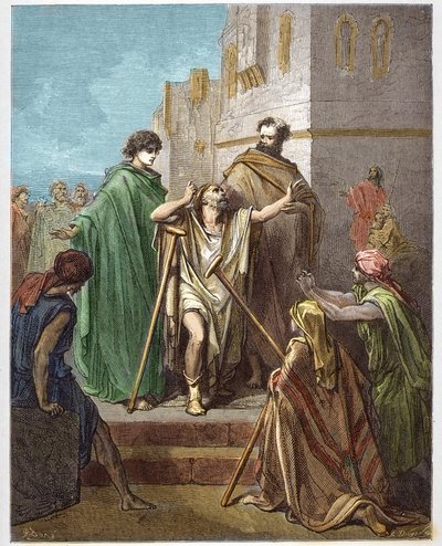 San Pedro y San Juan curando a un cojo - San Pedro, acompañado por San Juan, milagrosamente curó a un cojo en Jerusalén - grabado en "La Biblia ilustrada" por Gustave Doré (1832-1883) - Grabado de "La Biblia de Doré" de Gustave Dore