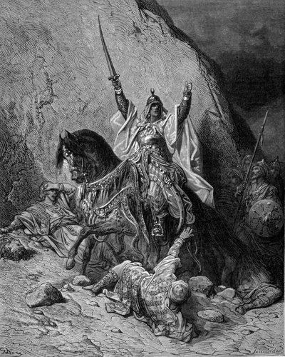 Saladino (1138-1193) (Salah al Din Yusuf al-Ayyubi) al frente de sus tropas contra los cruzados - grabado por Gustave Doré de Gustave Dore