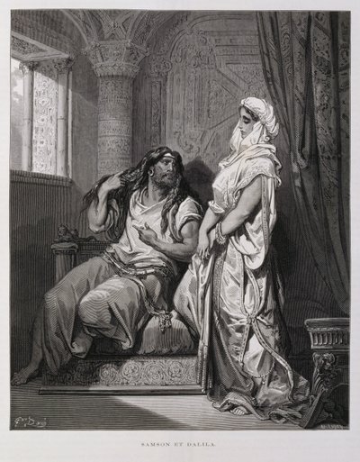 Sansón y Dalila, capítulo 16, del Libro de los Jueces, en el Antiguo Testamento, Ilustración de la Biblia de Dore. de Gustave Dore