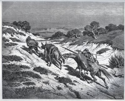 Sancho Panza, Don Quijote y sus monturas después de su derrota contra los Yangüeses - de "Don Quijote de la Mancha" de Miguel de Cervantes (1547-1616) - xilografía después de un dibujo de Gustave Doré. de Gustave Dore