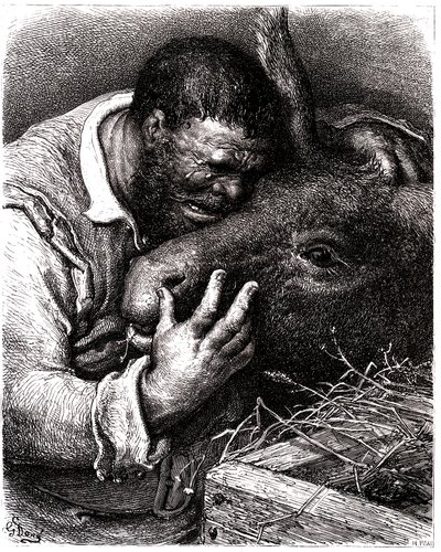 Sancho Panza llora mientras besa a su burro de Gustave Dore