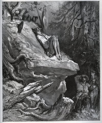 Sancho Panza encuentra a su amo, siempre en penitencia - de “Don Quijote de la Mancha” por Miguel Cervantes (1547-1616) - xilografía según dibujo de Gustave Doré de Gustave Dore
