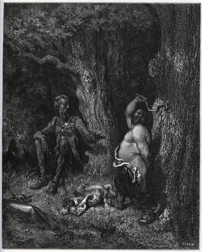 Sancho Panza vuela frente a Don Quijote para cumplir el deseo de Merlín y así desencantar a Dulcinea del Toboso. Don Quijote le insta a moderar sus ardores - de 