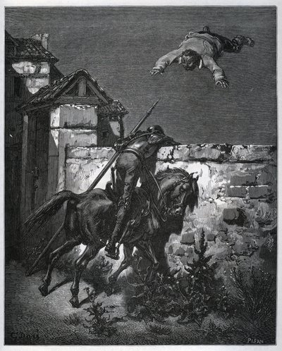Sancho Panza es engañado, y Don Quijote no puede intervenir - de “Don Quijote de la Mancha” de Miguel Cervantes (1547-1616) - xilografía después de un dibujo de Gustave Doré de Gustave Dore