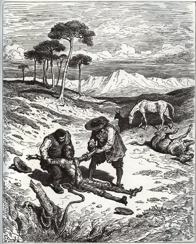 Sancho y el primo sacan a Don Quijote (dormido) de la cueva de Montesinos - de “Don Quijote de la Mancha” de Miguel Cervantes (1547-1616) - xilografía según dibujo de Gustave Doré de Gustave Dore