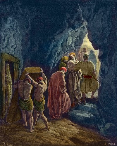 La muerte de Sara tiene 127 años - El entierro de la esposa de Abraham, Sara - grabado por Gustave Doré - coloreado posteriormente de Gustave Dore