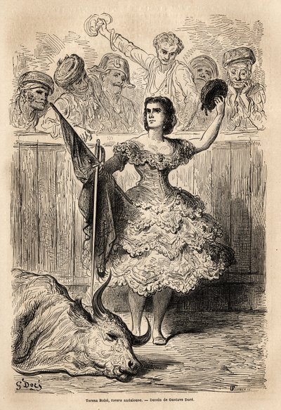 Escena de corrida de toros: el triunfo de Teresa Bolsi, torera andaluza, saludando a la asamblea que la aclama en Sevilla. Boceto tomado en vivo por Gustave Doré (1832-1883). Grabado para ilustrar el viaje a España, en 1862 por Charles Davillier y G de Gustave Dore